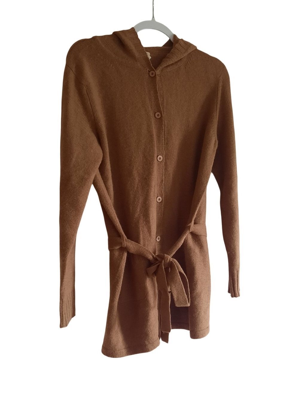 Women's Brown Button-Up Hooded Cardigan with Belt